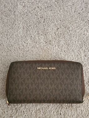 Michael Kors Dark Brown Monogram Zip Wallet with Gold Logo